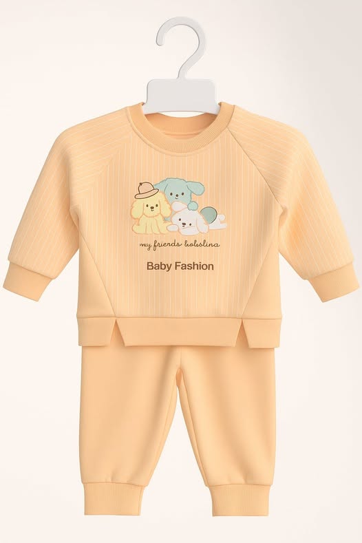 Peach‑Yellow Cartoon Friends Baby Suit – Soft Cotton (1‑4 Years)