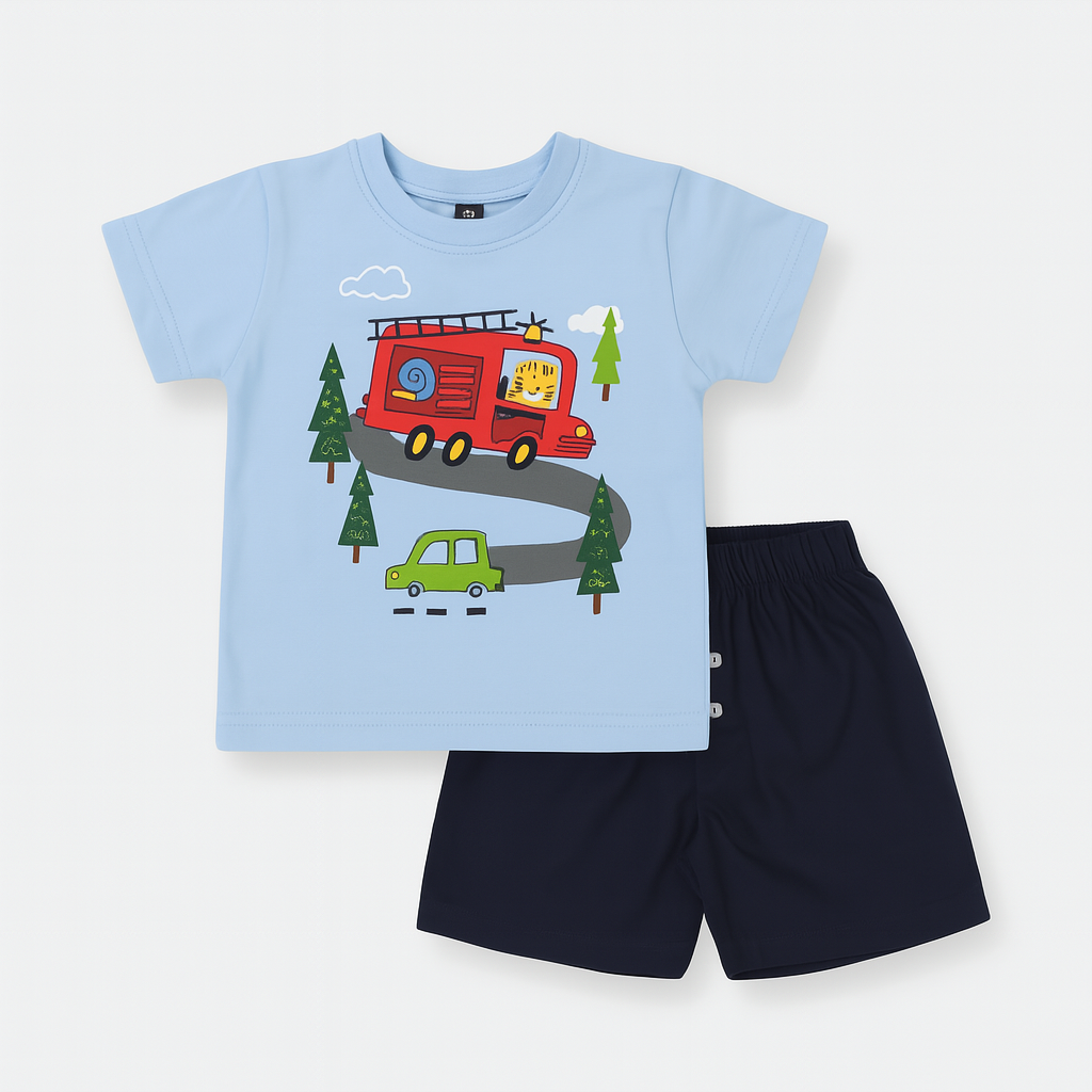 Boys' casual T-Shirt & Shorts with Cartoon Desgin – Sky Blue