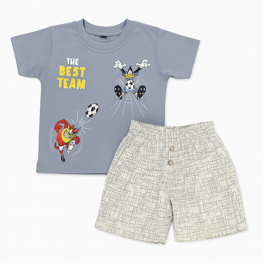 Boy's Graphic Tee & Shorts – Gray with Cartoon Theme