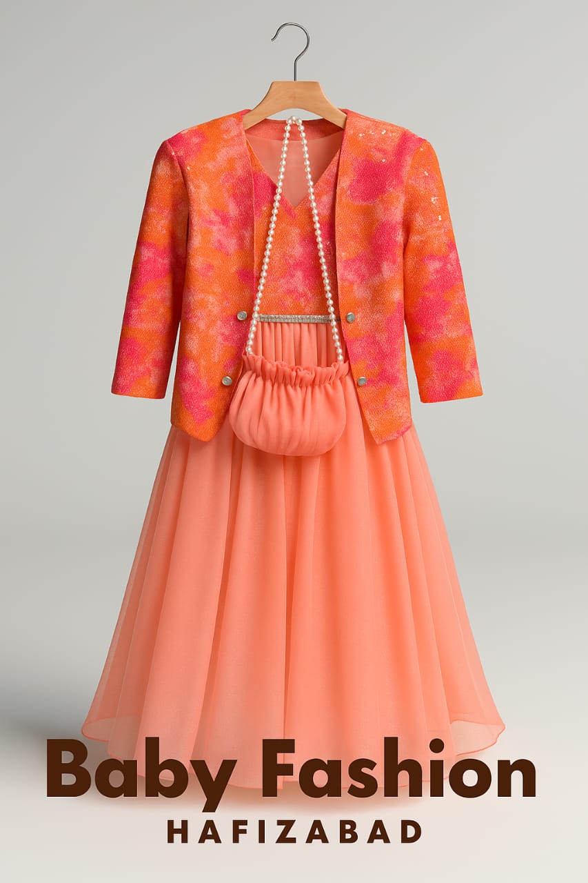 Peach Glitter Party Dress Set with Jacket & Purse