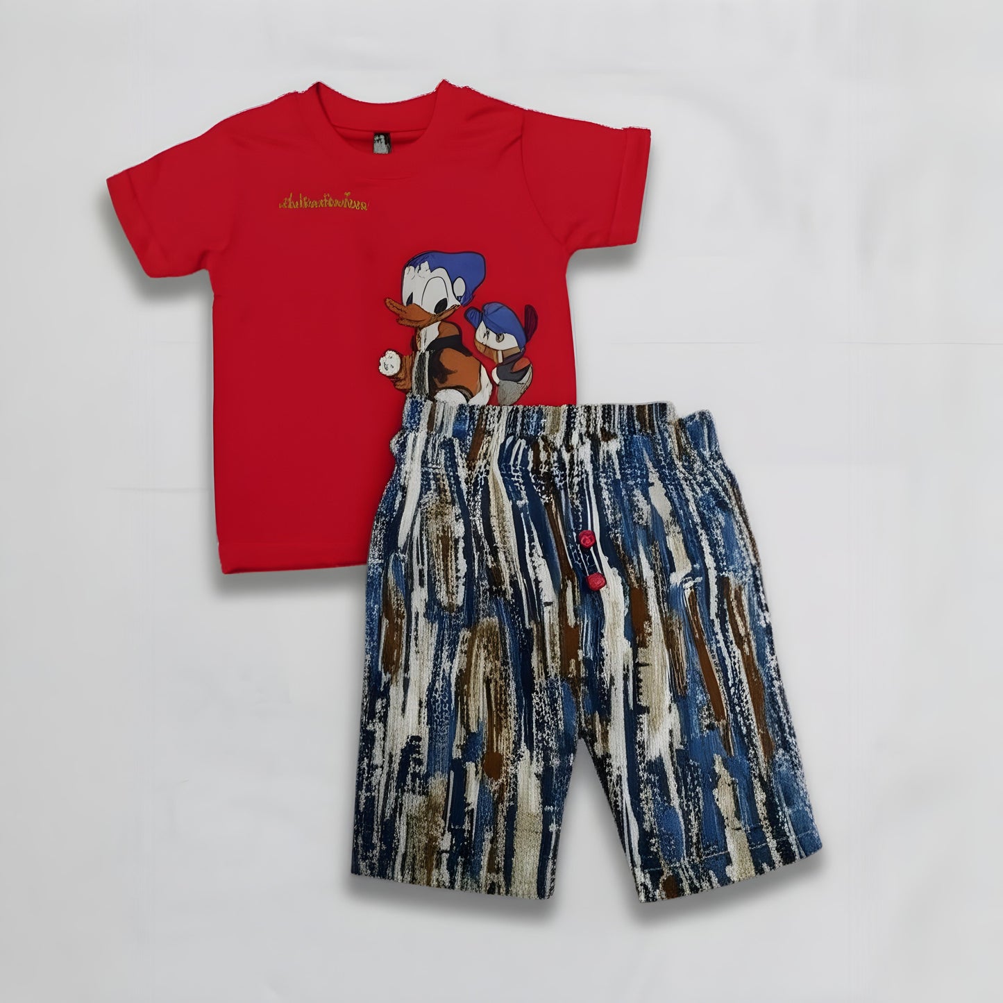 Boy's Casual T-Shirt & Shorts – Red Cartoon & Denim