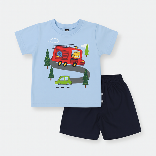 Boys' casual T-Shirt & Shorts with Cartoon Desgin – Sky Blue