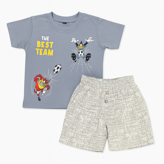 Boy's Graphic Tee & Shorts – Gray with Cartoon Theme