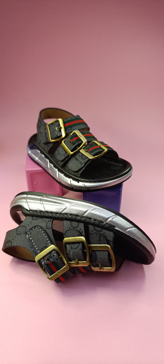 Boy's Stylish Black Sandals with Gold Buckles and Red Accents