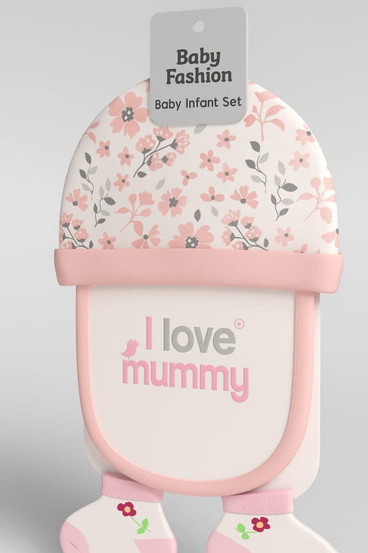 Baby Fashion Floral Newborn Gift Set – “I Love Mummy” Bib, Hat & Socks