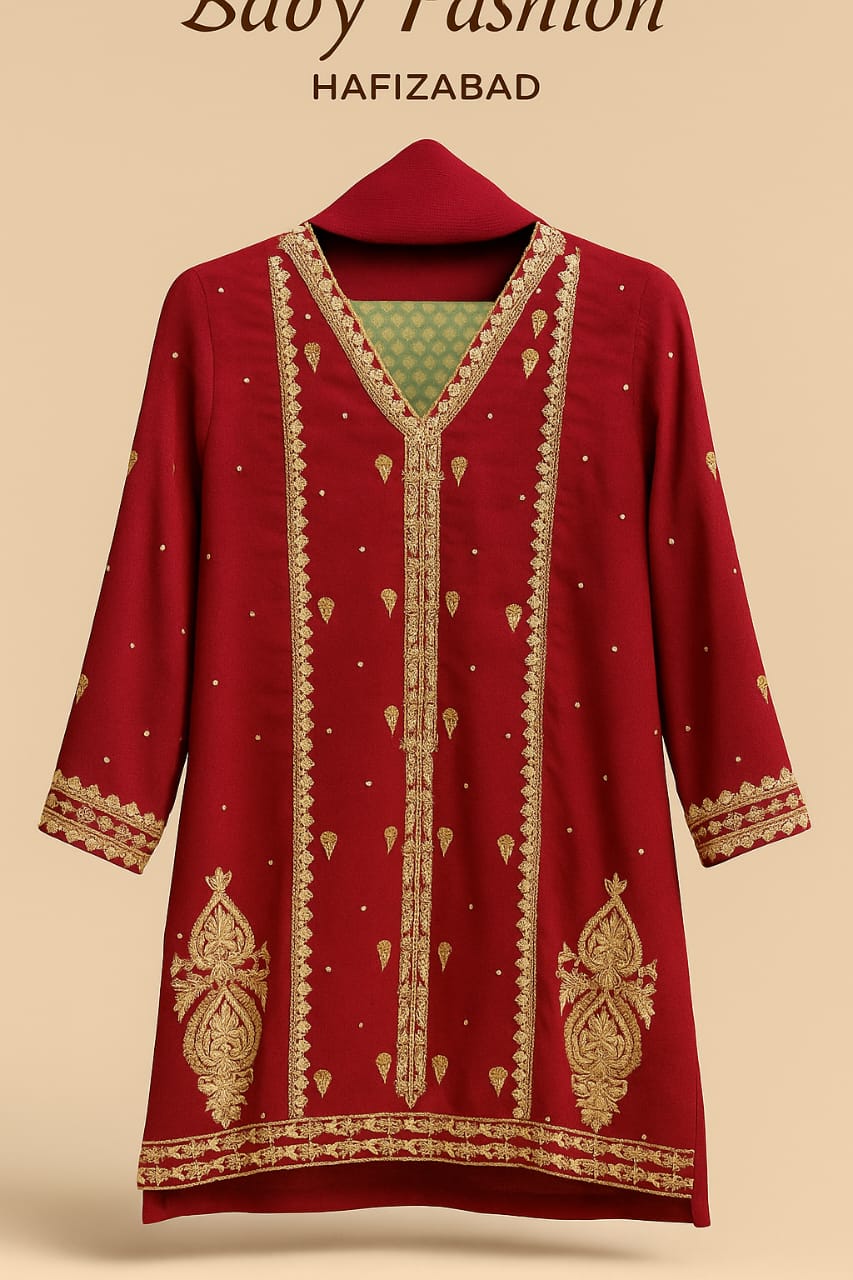 Red Embroidered Kurta Set with Green Trousers and Maroon Dupatta