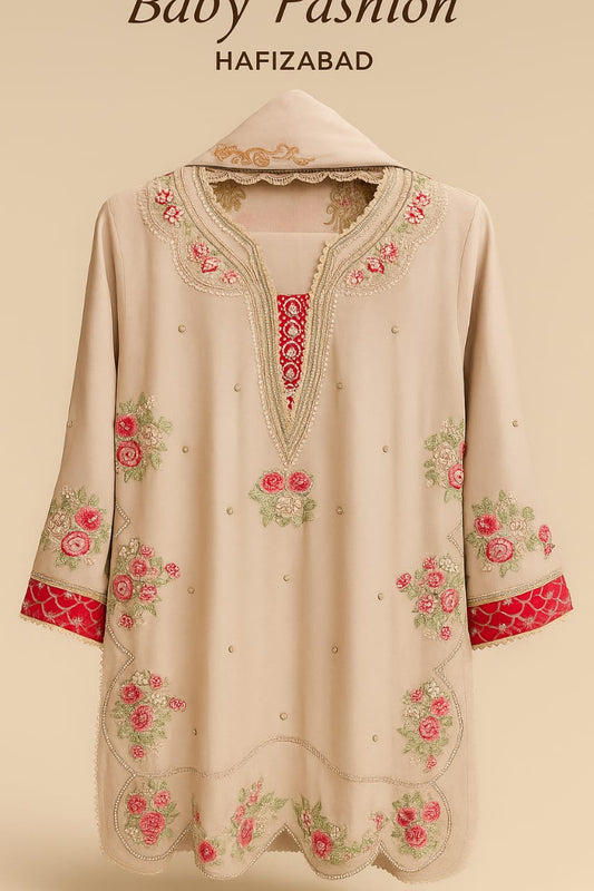 Beige Floral Embroidered 3-Piece Suit