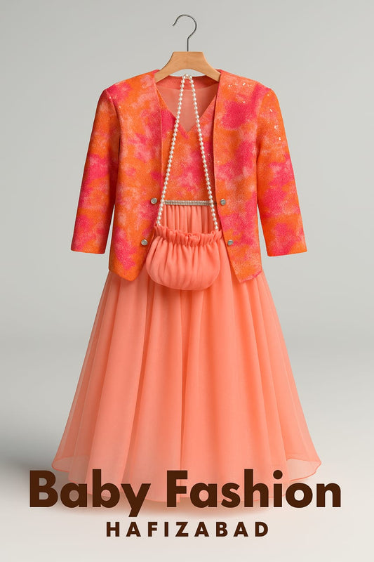 Peach Glitter Party Dress Set with Jacket & Purse
