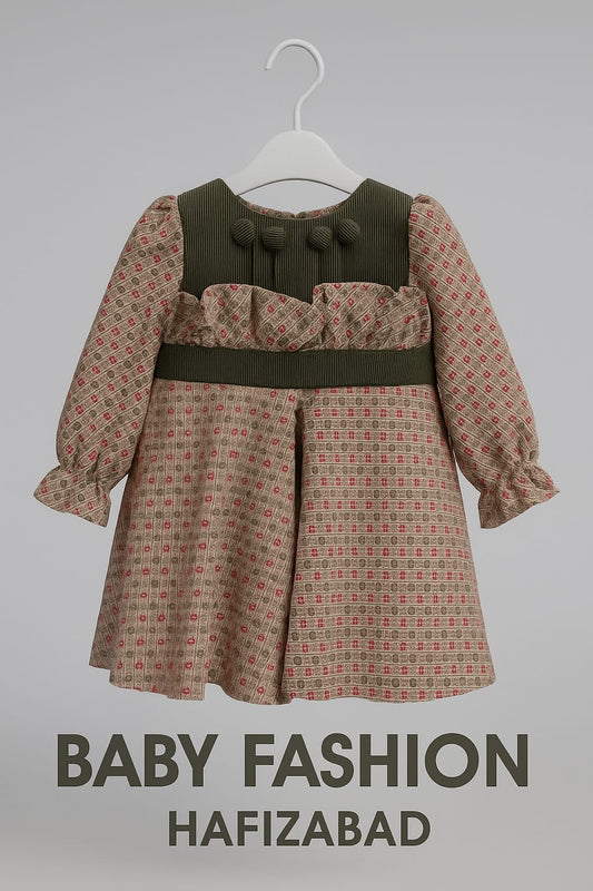 Beautiful olive and beige printed winter frock