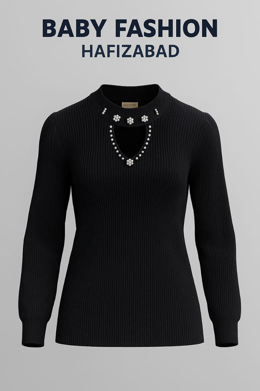 Ladies Black Pearl Neck Sweater