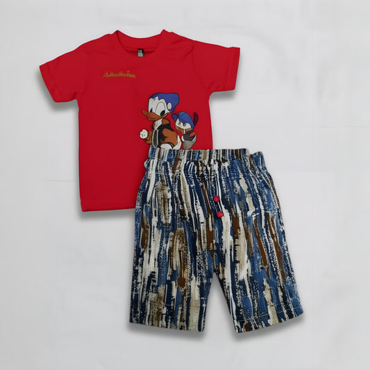 Boy's Casual T-Shirt & Shorts – Red Cartoon & Denim